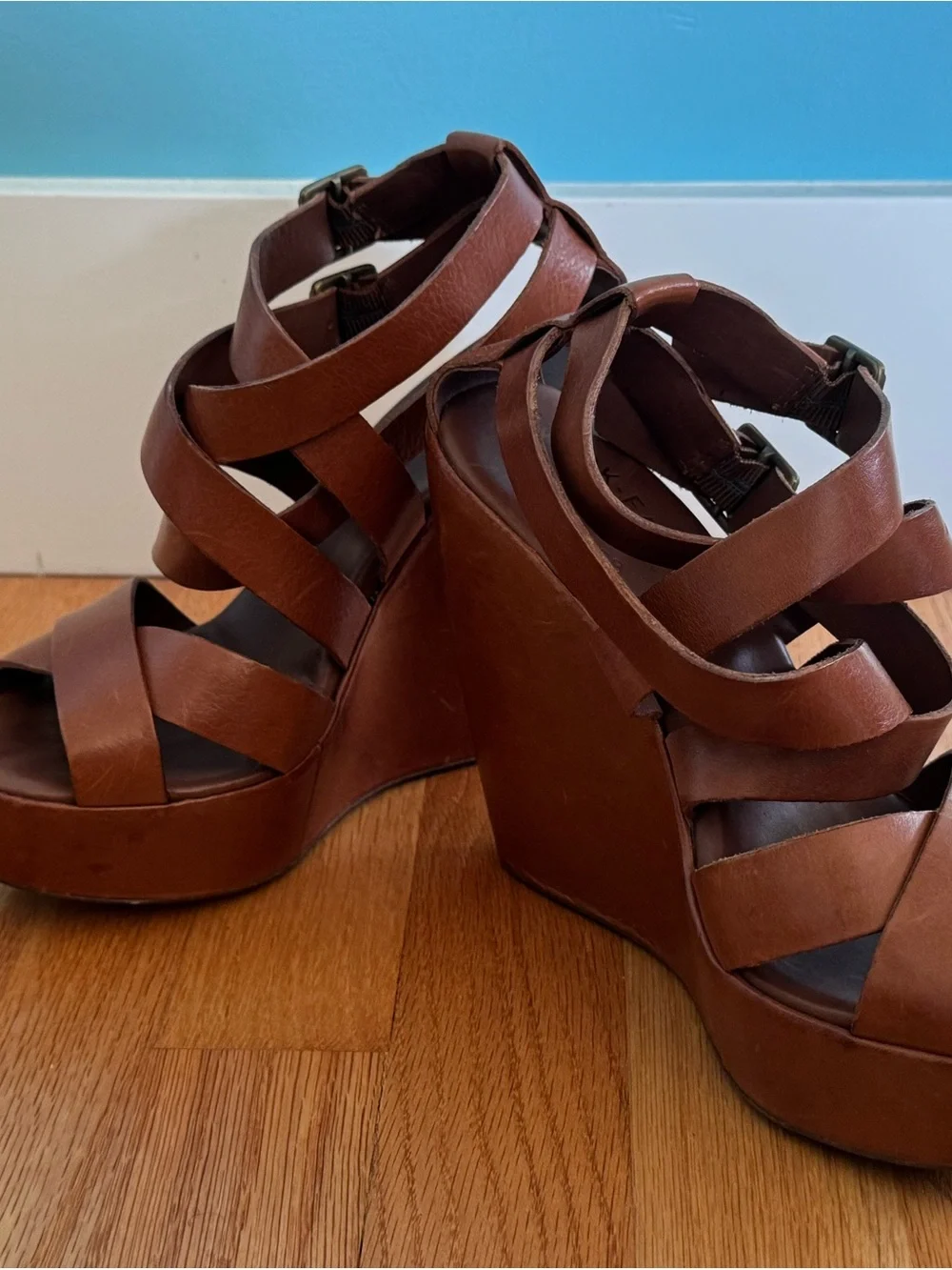 Kork-Ease Tan Brown Leather Crisscross Wedge Sandals